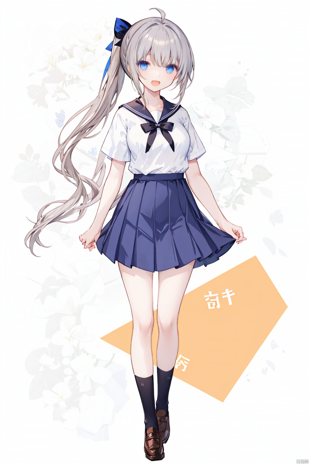 1girl,  solo,  long hair,  blue eyes,  loafers,  socks,  skirt,  bow,  very long hair,  shoes,  open mouth,  full body,  brown footwear,  ponytail, hand on hip,  smile,  belt,  school uniform,  blue socks,  ahoge,  short sleeves,  pleated skirt,  standing,  black socks,  breasts,  hair bow,  bangs,  sailor collar,  bowtie,  shirt,  hand on own chest,  ^_^,  white sailor collar,  kneehighs,  white shirt,  :d,  medium breasts,  facing viewer,  serafuku,  miniskirt,  grey hair,  blue skirt,  red bow,  black bow,  black skirt,