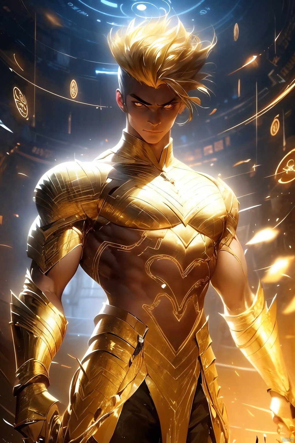 1boy, blonde hair, gold armor, male focus, solo, sparkle