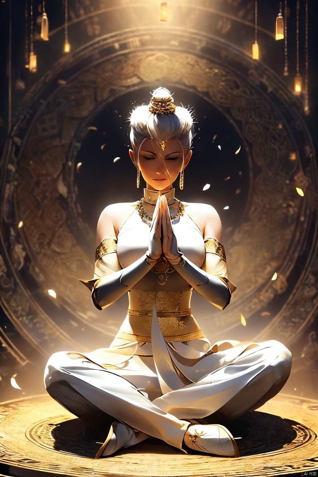  (1 female Bodhisattva:1.4) sitting on Round straw mat, (indian style:1.3), sitting in straw mat, (Round straw mat:1.3), (Meditation position:1.3), (Raise hands, crossed hands, Prayer position:1.3), dignified and beautiful, wearing (white silk Buddha clothes:1.3), (white silk:1.3),has (white hair:1.2), (bun:1.2), french braid,white transparent veil, futon, closed eyes, jewelry, necklace, (Buddha beads:1.2), (White cloth shoes), White socks, (eromanga:1.2), (megami:1.2)