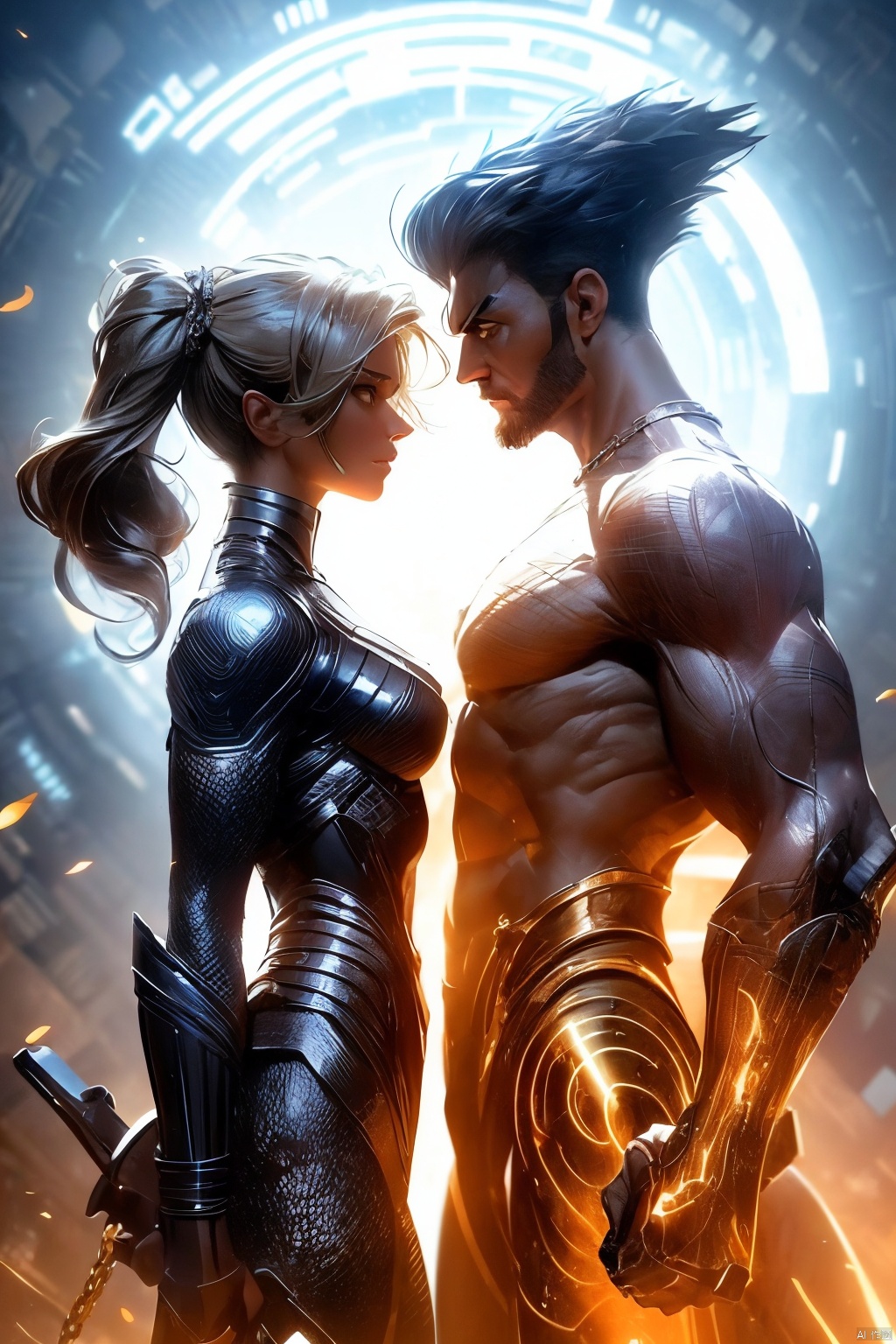 A couple of superhero bearded and woman looking each other in love between a battle scene, marvel like, standing at the ruined city, depth of field, cinematic