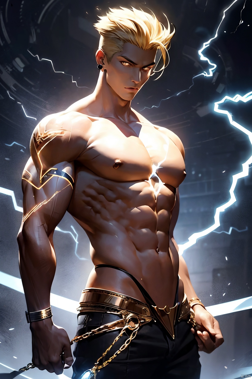 1boy, blonde hair, dark-skinned male, dark skin, earrings, electricity, jewelry, lightning, magic circle, male focus, muscular, solo