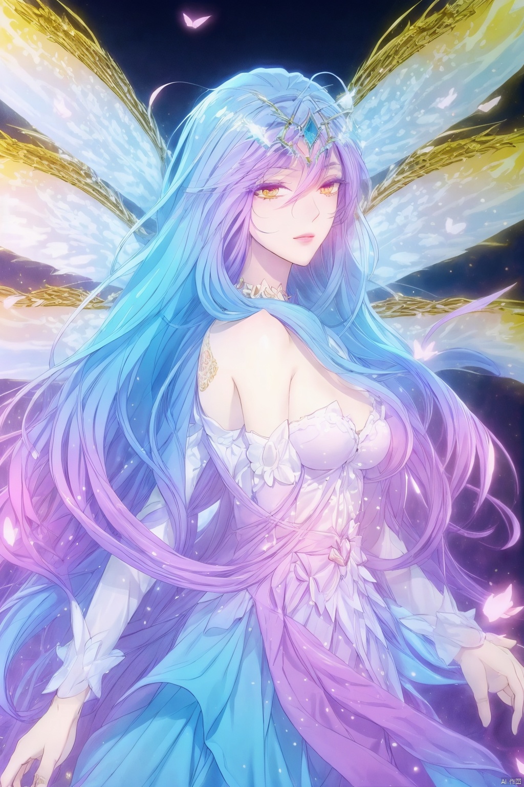  (8k, RAW photo, best quality, masterpiece:1.2),(realistic, photo-realistic:1.1),ultra-detailed,extremely detailed cg 8k wallpaper,(crystalstexture skin:1.4),(extremely delicate and beautiful),1girl, solo, long hair, blue hair, dress, wings, multicolored hair, bare shoulders, very long hair, brown eyes, antenna hair, butterfly wings, butterfly, bug, looking at viewer, hair ornament, breasts,full body, long hair, yellow eyes, blue hair, dress, bare shoulders, wings, breasts, purple hair, upper body,((looking at viewer)), 1girl,, flower_field, lips, , 