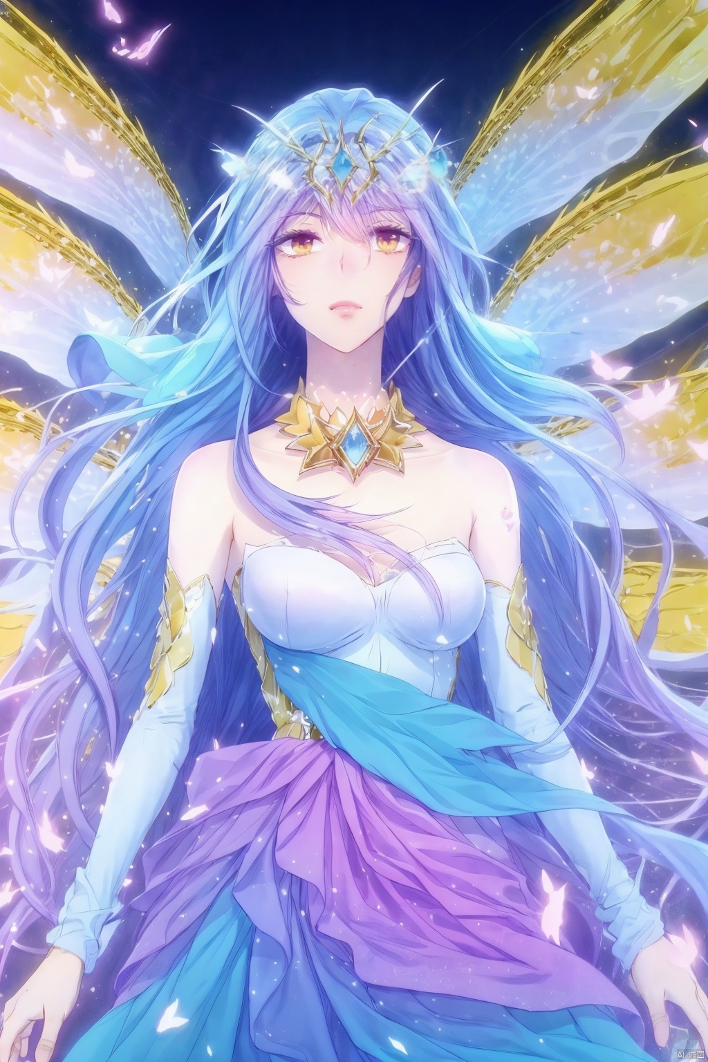  (8k, RAW photo, best quality, masterpiece:1.2),(realistic, photo-realistic:1.1),ultra-detailed,extremely detailed cg 8k wallpaper,(crystalstexture skin:1.4),(extremely delicate and beautiful),1girl, solo, long hair, blue hair, dress, wings, multicolored hair, bare shoulders, very long hair, brown eyes, antenna hair, butterfly wings, butterfly, bug, looking at viewer, hair ornament, breasts,full body, long hair, yellow eyes, blue hair, dress, bare shoulders, wings, breasts, purple hair, upper body,((looking at viewer)), 1girl,, flower_field, lips, ,