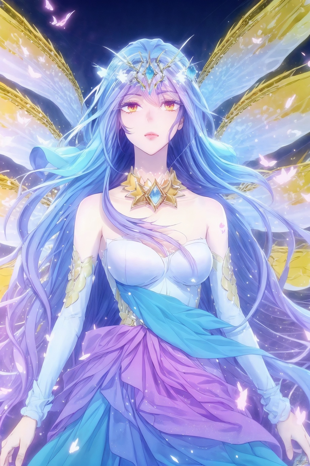  (8k, RAW photo, best quality, masterpiece:1.2),(realistic, photo-realistic:1.1),ultra-detailed,extremely detailed cg 8k wallpaper,(crystalstexture skin:1.4),(extremely delicate and beautiful),1girl, solo, long hair, blue hair, dress, wings, multicolored hair, bare shoulders, very long hair, brown eyes, antenna hair, butterfly wings, butterfly, bug, looking at viewer, hair ornament, breasts,full body, long hair, yellow eyes, blue hair, dress, bare shoulders, wings, breasts, purple hair, upper body,((looking at viewer)), 1girl,, flower_field, lips, , 