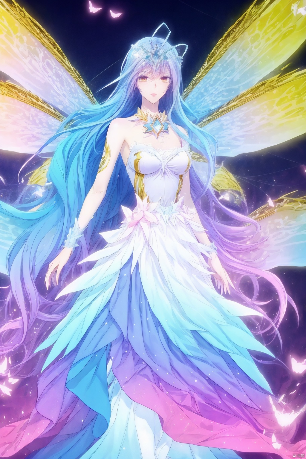  (8k, RAW photo, best quality, masterpiece:1.2),(realistic, photo-realistic:1.1),ultra-detailed,extremely detailed cg 8k wallpaper,(crystalstexture skin:1.4),(extremely delicate and beautiful),1girl, solo, long hair, blue hair, dress, wings, multicolored hair, bare shoulders, very long hair, brown eyes, antenna hair, butterfly wings, butterfly, bug, looking at viewer, hair ornament, breasts,full body, long hair, yellow eyes, blue hair, dress, bare shoulders, wings, breasts, purple hair, upper body,((looking at viewer)), 1girl,, flower_field, lips, ,
