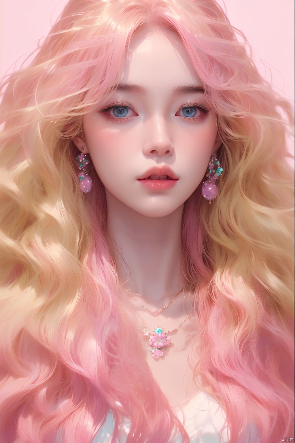  1gril,Pink wavy long hair,trend,personality,Beautiful, detailed