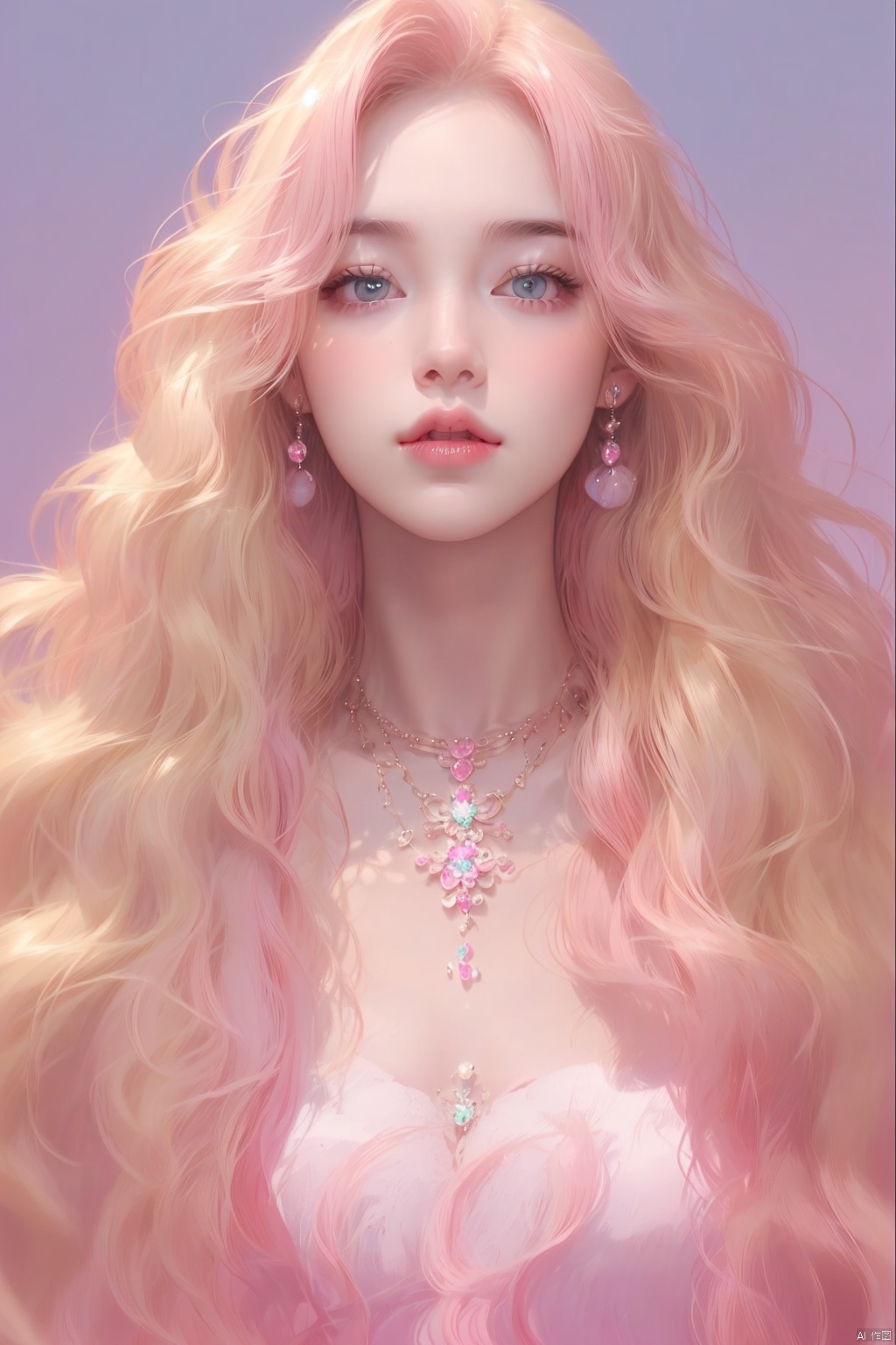  1gril,Pink wavy long hair,trend,personality,Beautiful, detailed