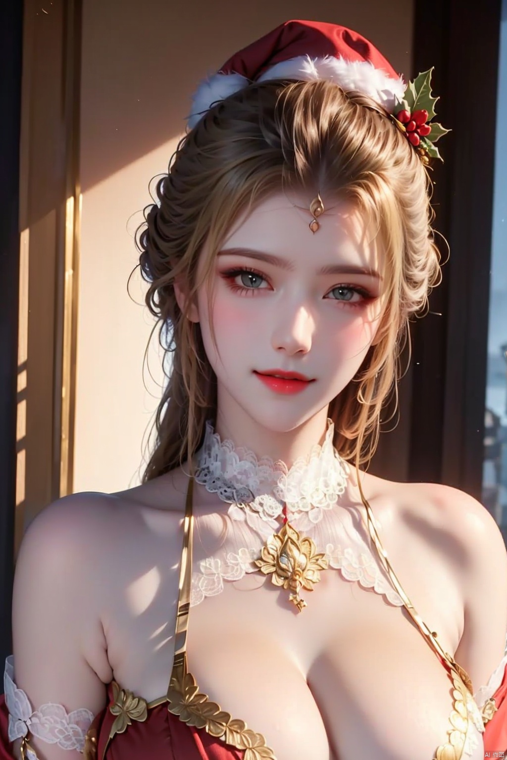 (Representative work: 1.3), highest quality, illustrations, sunshine, (Beauty of details: 1.3) Looking at the audience, big chest, ribbons, 8K quality, realistic visual effects, volume lighting, movie image quality, ultimate details, complex and exquisite details, Christmas attire/off shoulder red, Christmas hat red and white, full body lens