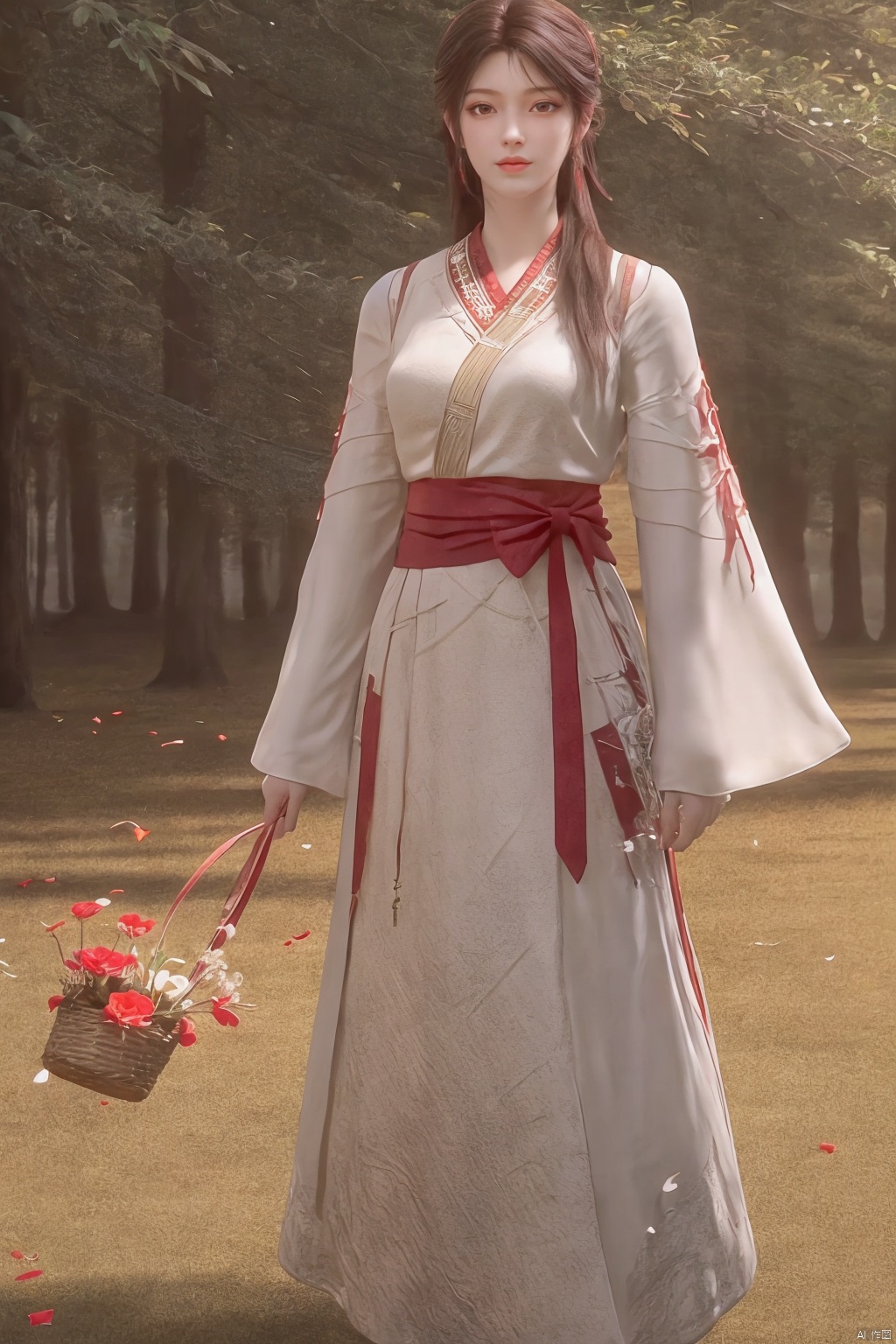  (8k, RAW photo, best quality, masterpiece:1.2),
(realistic, photo-realistic:1.1),ultra-detailed,extremely detailed cg 8k wallpaper,
(crystalstexture skin:1.4),(extremely delicate and beautiful),1girl, basket, solo, flower, brown hair, white background, long hair, simple background, holding, standing, brown eyes, looking at viewer, holding basket, skirt, hair ornament, korean clothes, ((full body)),((looking at viewer)), 1girl,, flower_field, lips, ,