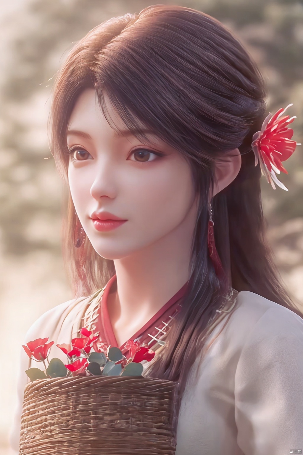  (8k, RAW photo, best quality, masterpiece:1.2),
(realistic, photo-realistic:1.1),ultra-detailed,extremely detailed cg 8k wallpaper,
(crystalstexture skin:1.4),(extremely delicate and beautiful),1girl, basket, solo, flower, brown hair, white background, long hair, simple background, holding, standing, brown eyes, looking at viewer, holding basket, skirt, hair ornament, korean clothes, ((full body)),((looking at viewer)), 1girl,, flower_field, lips, ,