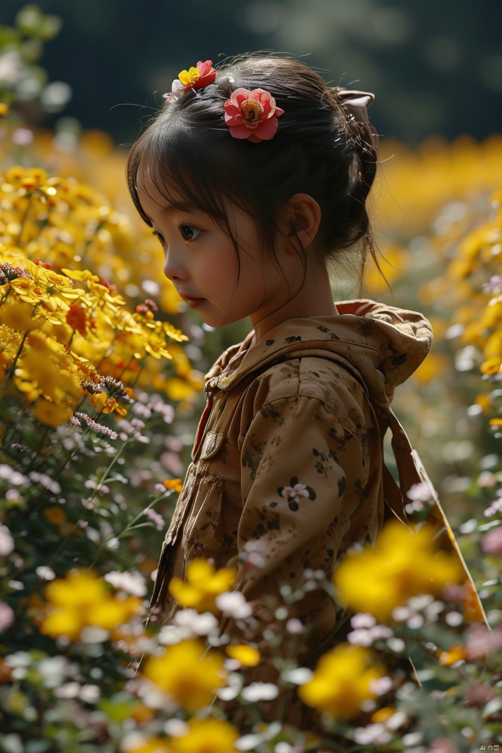 a girl,（Pikachu）, Flower, Outdoor, Flower field,low angle,  , Detail