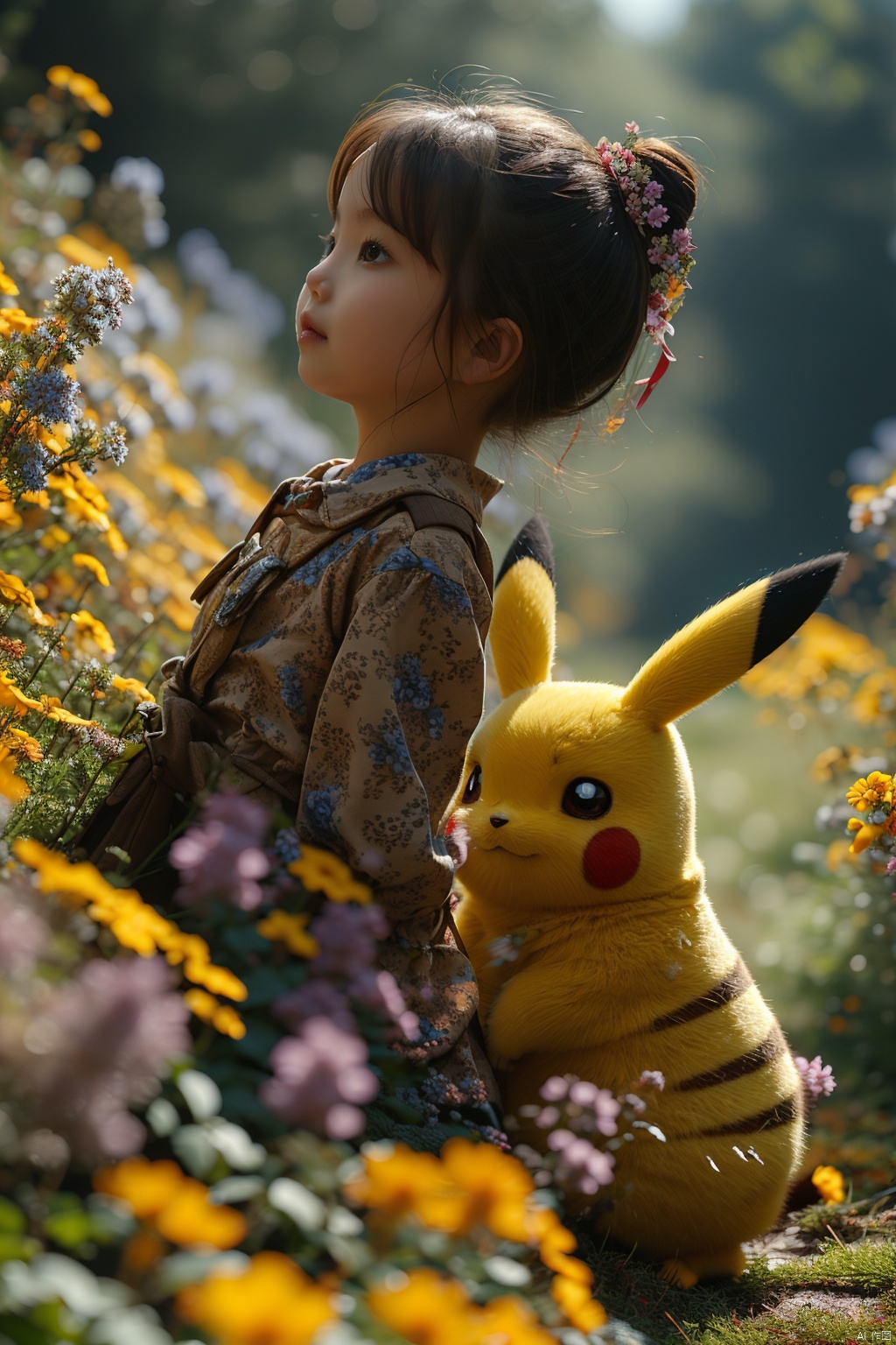 a girl,（Pikachu）, blue Flower, Outdoor, Flower field,low angle,  , Detail
