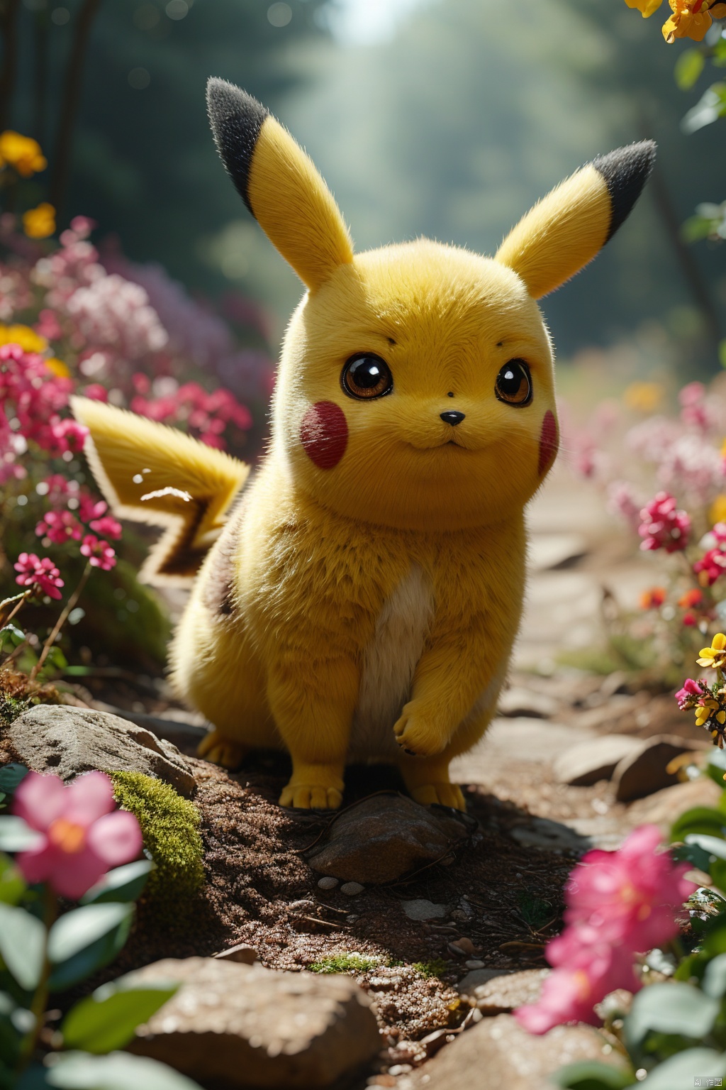  no humans,（Pikachu）, Flower, Outdoor, Flower field,low angle,  , Detail
