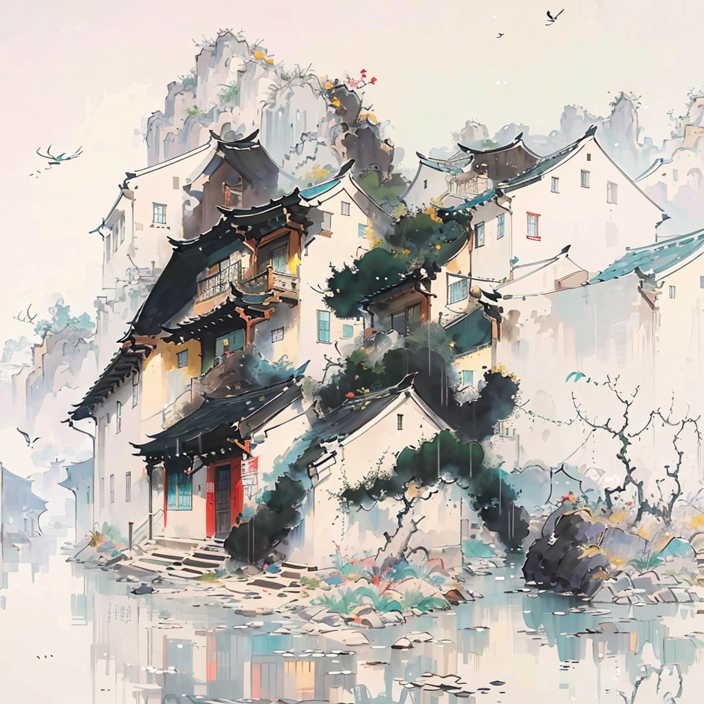 A painting of a bridge over the water with buildings in the background, birds flying around it, rain