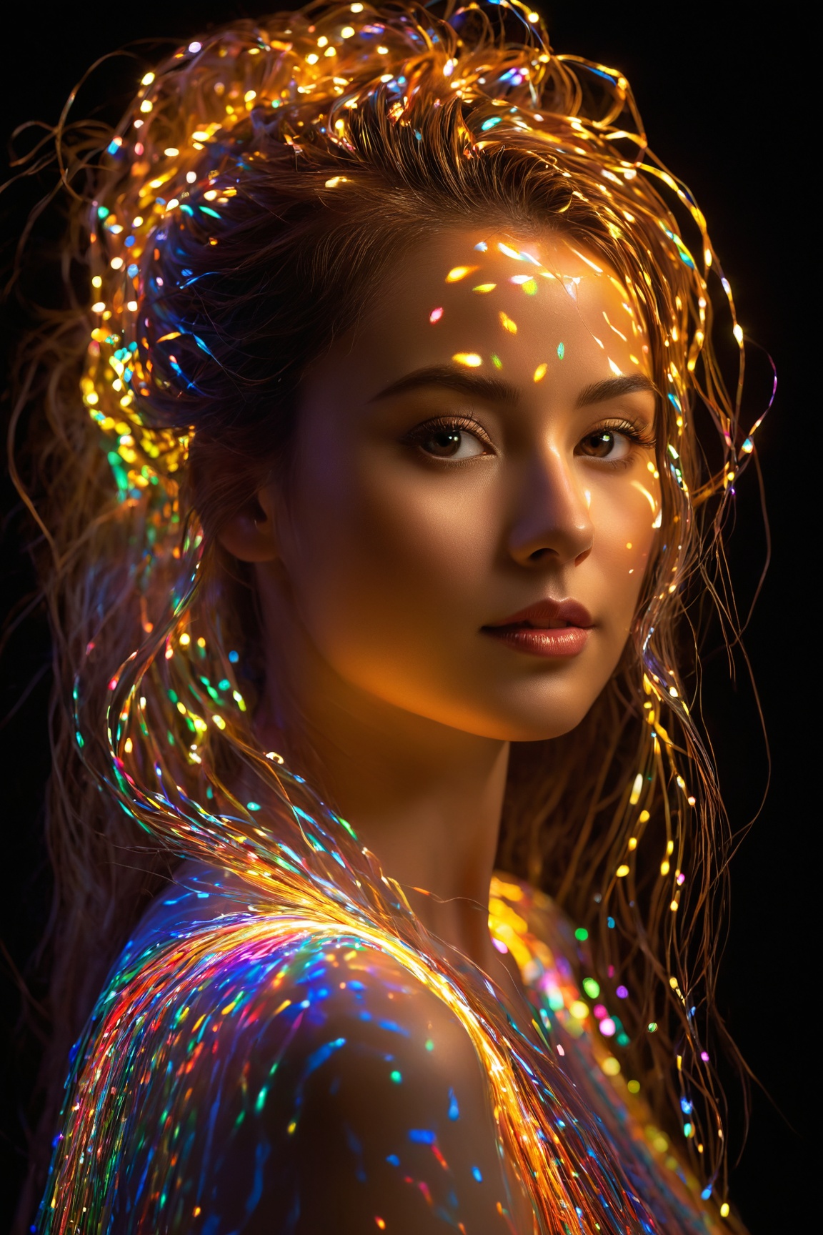 best quality, 4k, 8k, highres, masterpiece:1.2), ultra-detailed, (realistic, photorealistic, photo-realistic:1.37), Luminogram portrait with fiber optic light painting, Light field photography, Light painting, Light tracing, portraits, bokeh, studio lighting, physically-based rendering, vivid colors, sharp focus, reverse vignette, ethereal glow, colorful, delicate details, soft shadows, luminescent strands, subtle highlights, ambient incandescent light, fantastical atmosphere, glowing figures, unconventional light sources, contrasting hues, fiber optic brushstrokes, hypnotic patterns, trail of lights, playful illumination
