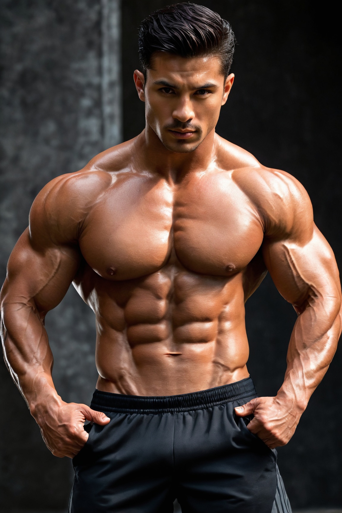 (best quality,4k,8k,highres,masterpiece:1.2),ultra-detailed,(realistic,photorealistic,photo-realistic:1.37),athletic build,toned muscles,excellent physique,strong physique,muscular arms and abs,well-defined muscles,impressive body composition,fit and healthy appearance,strong and powerful body,fluid and dynamic figure,energetic and active posture,strong presence and confidence,striking and captivating gaze,sharp focus on the subject,intense lighting and shadows,incredible attention to detail,detailed textures and contours,strategic lighting and composition,realistic skin tone and texture,life-like facial features,expressive eyes and facial expressions,perfectly proportioned body,believable and life-like appearance,impeccable anatomy and form,exquisite attention to muscle definition,natural and realistic poses,tension and energy captured in the movement,picturesque background with scenic elements,dynamic and vivid colors,emphasize the strength and power of the physique,professional fitness photography style,showcasing the athletic body in its full glory,appealing and arresting composition,legendary and iconic postures,exuding strength, confidence, and determination.