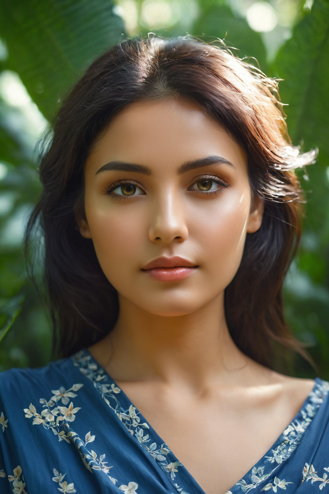 Photography,woman,portrait,blue lush jungle with flowers,symmetrical,octane render,(best quality,4k,8k,highres,masterpiece:1.2),ultra-detailed,(realistic,photorealistic,photo-realistic:1.37),HDR,UHD,studio lighting,extreme detail description,professional, vivid colors,bokeh,portraits,lush greenery,vibrant blooms,sunlit atmosphere,dreamlike ambience,crystal-clear focus,symmetrical composition,detailed facial features,piercing eyes,faint smile,flowing tousled hair,pristine skin,background harmony,faint silhouette of trees,soft natural shadows,ethereal glow of sunlight,subtle color grading,balanced tones,immersive atmosphere