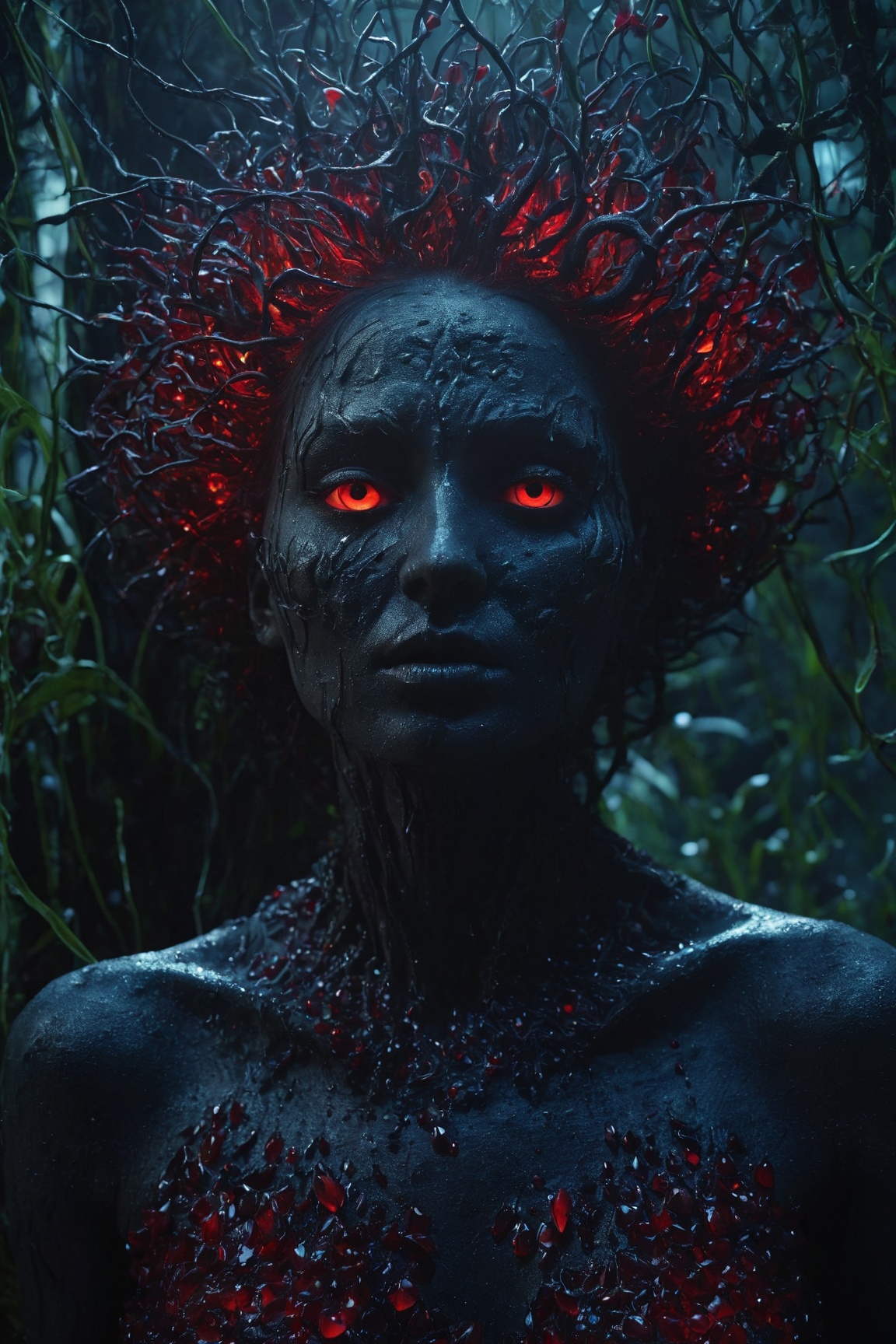 (best quality,8K,UHD,ultra-res), hyper-detailed, (nightmarish, malevolent) portrayal of an ominous soul emerging from the abyss of a desolate and mysterious wasteland. The figure, with skin oozing and crystal red eyes gleaming, embodies the eerie styles of artists Filip Hodas, Sandy Skoglund, and Natalia Rak. Imagine this sinister entity within a bioluminescent jungle, where organic forms and dynamic lighting create a hauntingly realistic scene. Executed in the style of a detailed and unforgettable hyper-realistic rendering, this illustration utilizing Octane Render captures every ghastly detail with maximum precision.