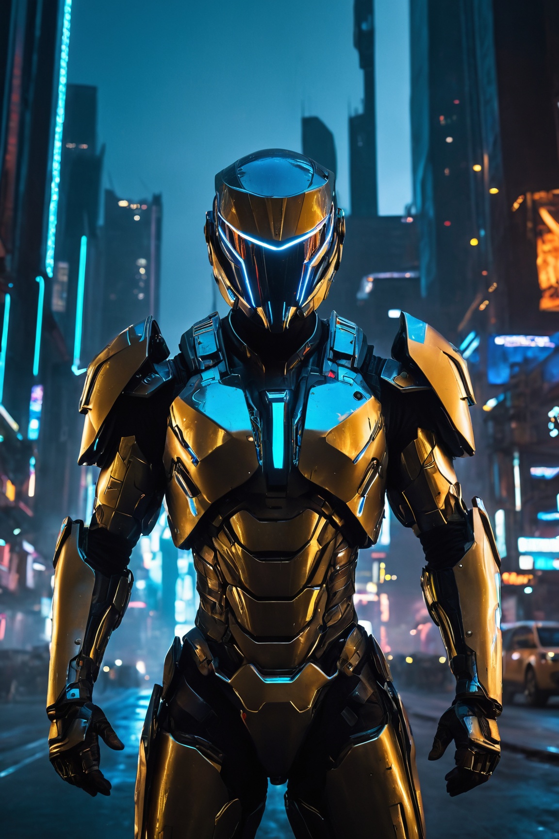 (best quality,4k,8k,highres,masterpiece:1.2),ultra-detailed,(realistic,photorealistic,photo-realistic:1.37), cyberpunk warrior in gold armor, white and blue trim, with a radiant aura and a radiant halo, immersive cybernetic enhancements, sleek and futuristic design, high-tech weaponry, neon-lit dystopian cityscape in the background, hovering drones, dynamic stance and confident expression, glowing LED lights on the armor, glossy metallic finish, monochromatic cyberpunk color scheme, rays of light reflecting off the armor, urban decay and grungy textures, laser beams cutting through the air, futuristic skyscrapers towering above, bustling crowded streets below, cybernetic implants glowing, holographic HUD display, intense glow emanating from the warrior's palms, sparks of electricity crackling around, rain-soaked streets reflecting the vibrant neon lights, heavy smoke and steam filling the air, atmospheric fog creating a mysterious ambiance, high-speed hoverbike trailing behind with streaks of light, electrifying energy surging through the armor, intense battle action, dynamic motion blur effects, dystopian and futuristic atmosphere, cybernetic combat suit powered by advanced technology, towering billboards displaying holographic advertisements, futuristic visor enhancing the warrior's vision, high-contrast lighting, shadows dancing across the warrior's face, intense cyberpunk energy pulsating in the air.