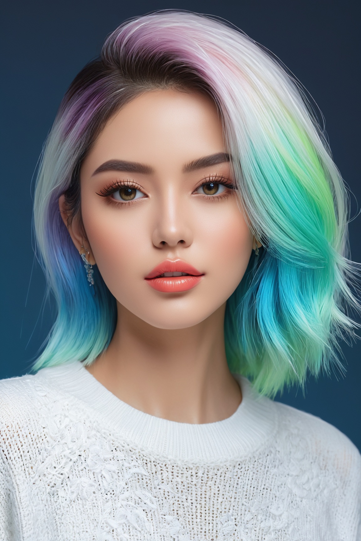 (best quality, stylized realism, anime:1.2), refined sketch portraying a woman's lips and eyes with extraordinary attention to detail. Imagine the beauty in the intricately rendered eyes, adorned with long, luxurious eyelashes, and the lips exuding elegance. The sketch captures strong expressions and a soft touch, featuring 1 girl in a modern outfit with stylish clothes, complemented by neon-colored hair in a 3D rendering. The artistic brushstrokes and clean lines bring vibrancy to the image, with a play of contrast, highlights, and shadows. Against a mesmerizing blue gradient background, envision texture and depth, highlighted by an embroidered sweater, chic style, and a dynamic composition that adds cool vibes and a fashionable allure.