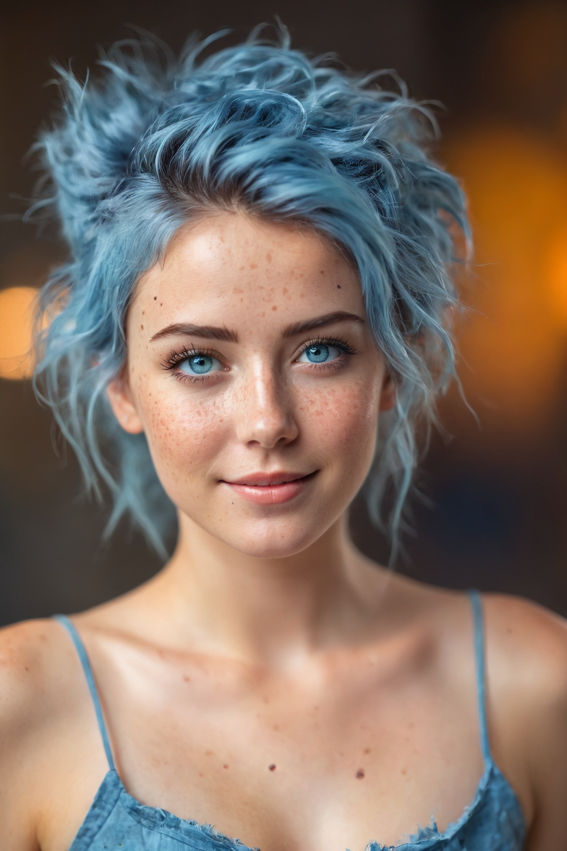 (best quality, 4k, 8k, highres, masterpiece:1.2), ultra-detailed, (realistic, photorealistic, photo-realistic:1.37), blue messy hair, light blue eyes, freckles, women, portrait, cinematic, bokeh, soft lighting, ethereal atmosphere, dreamy expressions, dynamic composition, textured background, vivid colors, subtle smile, graceful pose, professional, artistic, portrait photography