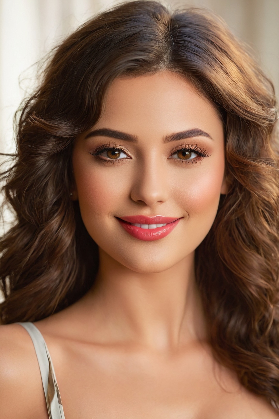 (best quality,ultra-detailed,realistic:1.37),portrait,beautiful detailed eyes,beautiful detailed lips,sexy smile,gorgeous face,seductive expression,sultry gaze,flawless complexion,wavy brunette hair,piercing gaze,warm and inviting presence,feminine charm,charming and alluring,stylish and confident outfit,subtle and elegant makeup,vivid colors,soft and romantic lighting.