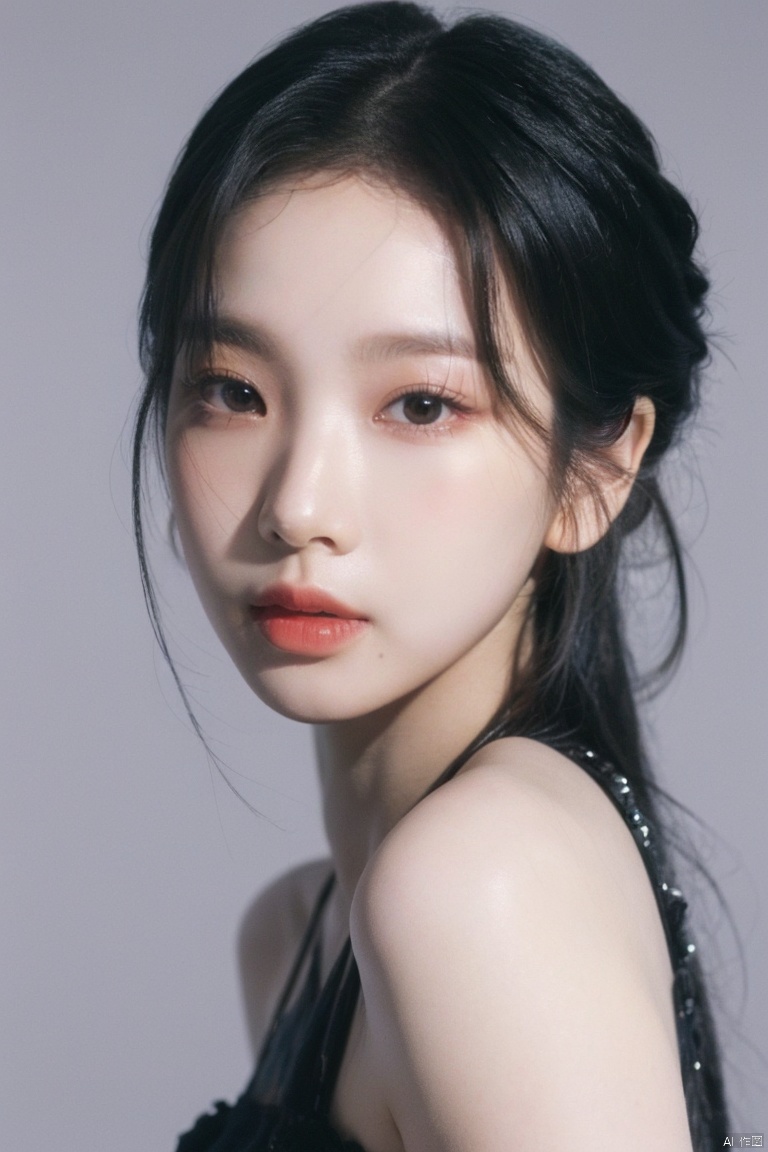 best quality,masterpiece,ultra high res,looking at viewer,simple background,studio,side light,makeup portrait,black eyeshadow,
