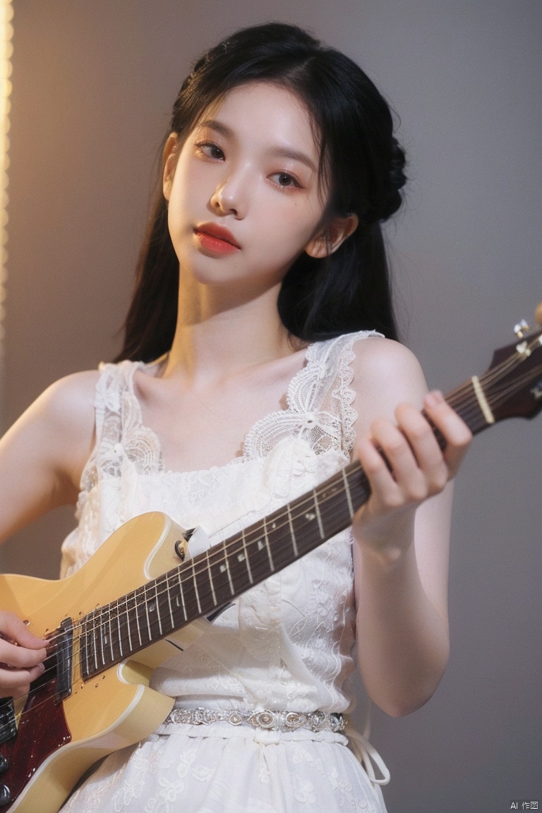 best quality,masterpiece,ultra high res,looking at viewer,simple background,studio,side light,makeup portrait,black eyeshadow,
a masterpiece with the best quality and ultra high resolution of a half updo beautiful woman wearing a lace dress, playing an electric guitar.
, yosshi film