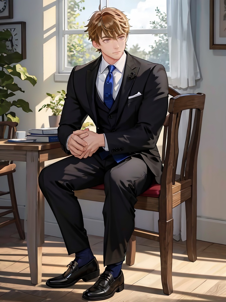 <lora:Luke_Pearce:1>,Luke Pearce, 1boy, male focus, sitting, solo, formal, necktie, window, pants, blue necktie, indoors, black pants, chair, black jacket, black footwear, jacket, white shirt, shirt, suit, long sleeves, closed mouth, full body, plant, clock, holding, polo shirt, shoes, 1boy, cowboy shot, masterpiece,best quality