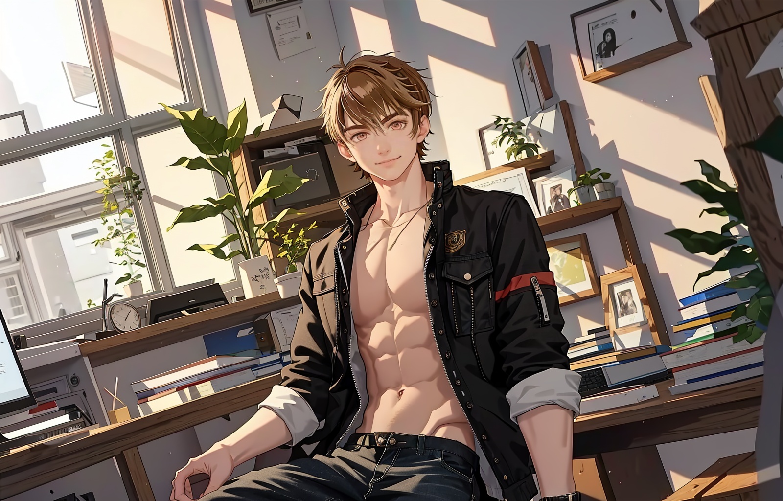 <lora:Luke_Pearce:1>,Luke Pearce, 1boy, jacket, male focus, solo, looking at viewer, plant, closed mouth, black jacket, pants, smile, sitting, navel, indoors, window, computer, 1boy, cowboy shot, masterpiece,best quality