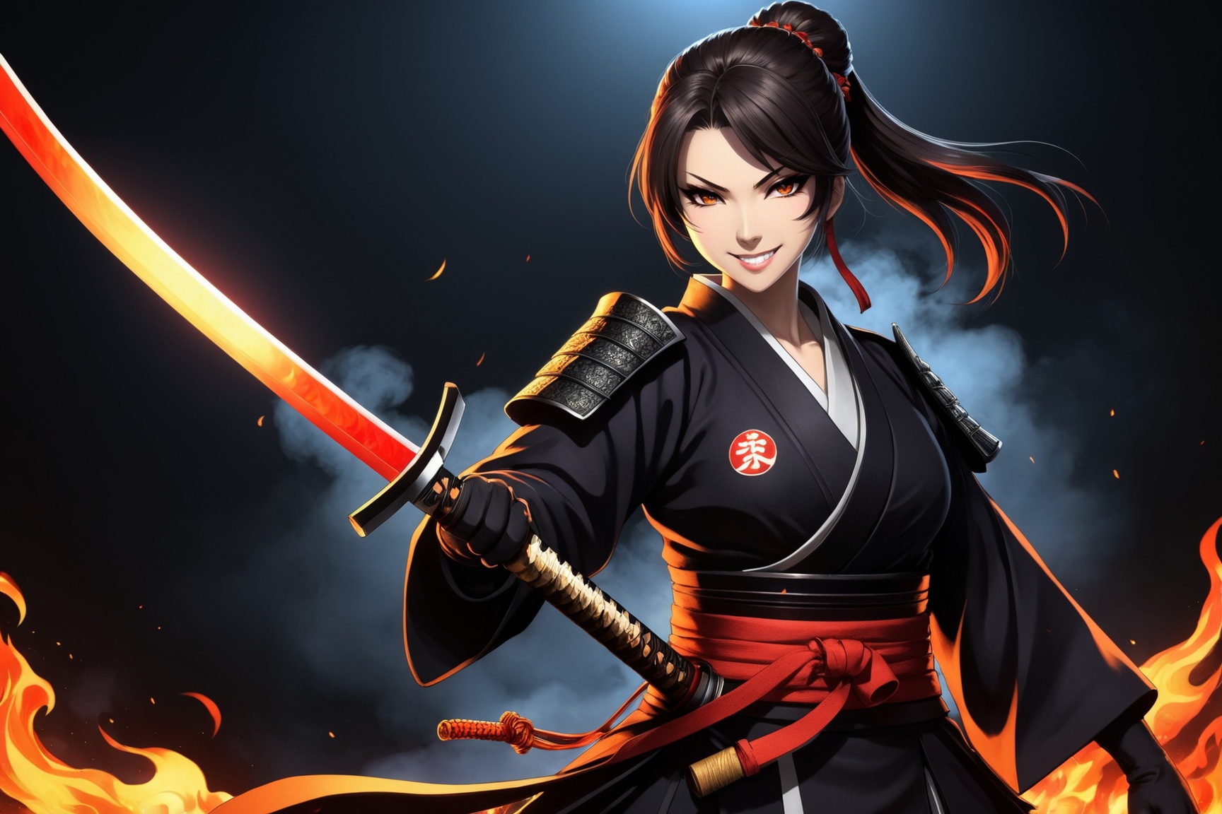 an anime female samurai,  with a flaming katana,  evil smile on Tensor.Art