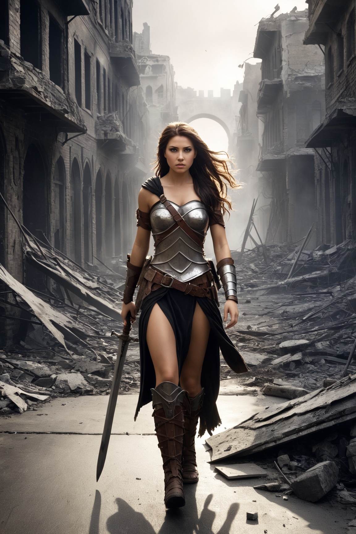 A warrior princess walking through war torned city on Tensor.Art