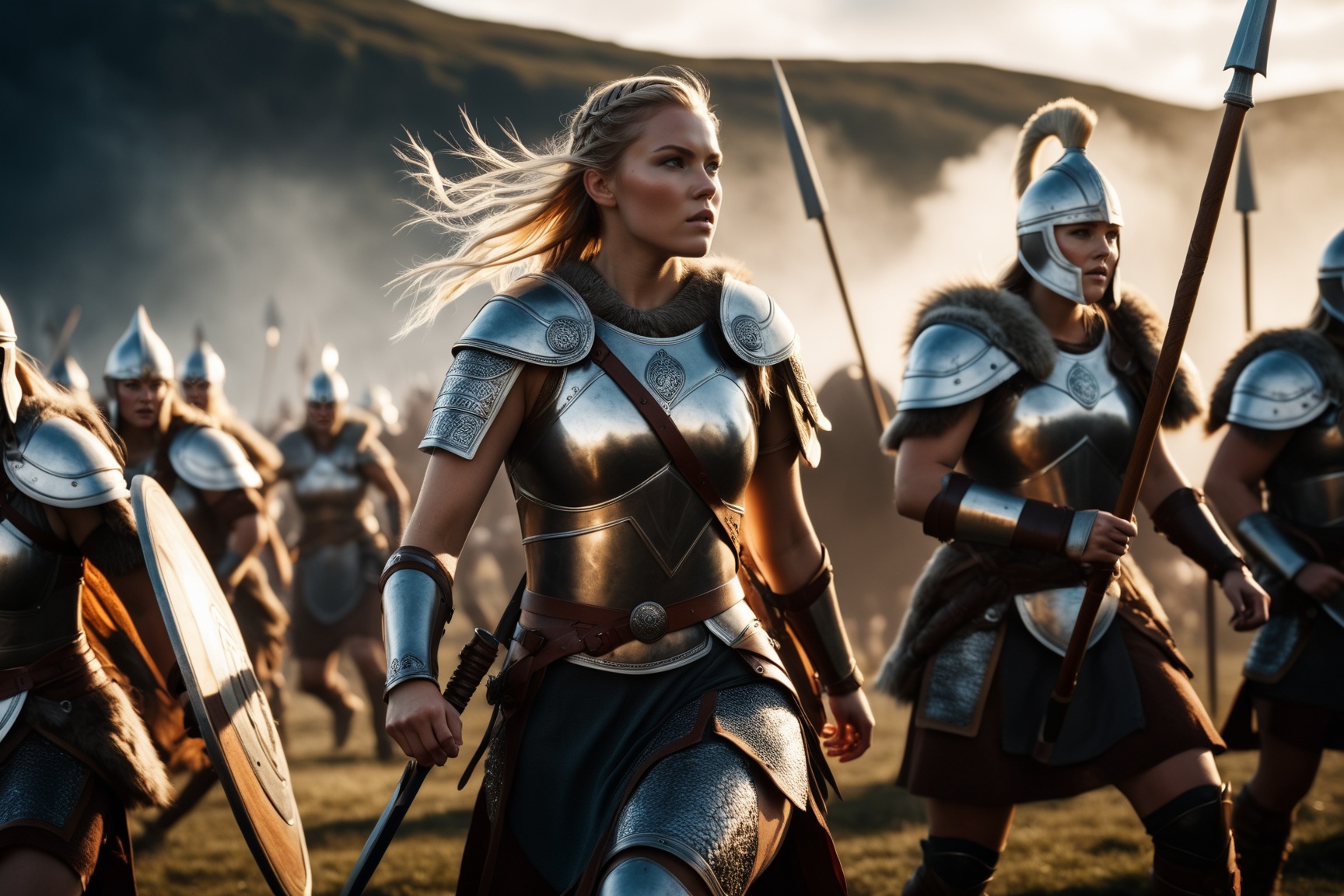 RAW Photo,  An ancient norse warrior princess leading her troops fighting huge monsters on the battlefield,  tense situati...