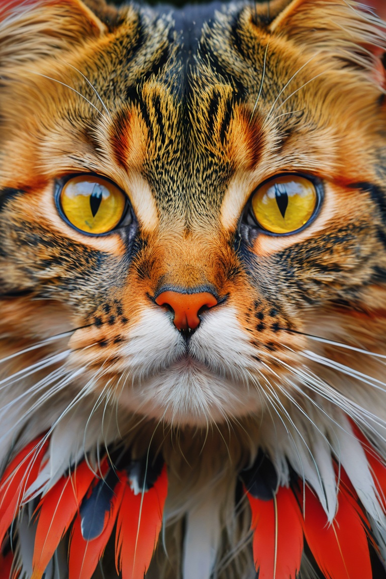 gray and red feathers on a cat,  in the style of yellow and orange,  northern china's terrain on Tensor.Art