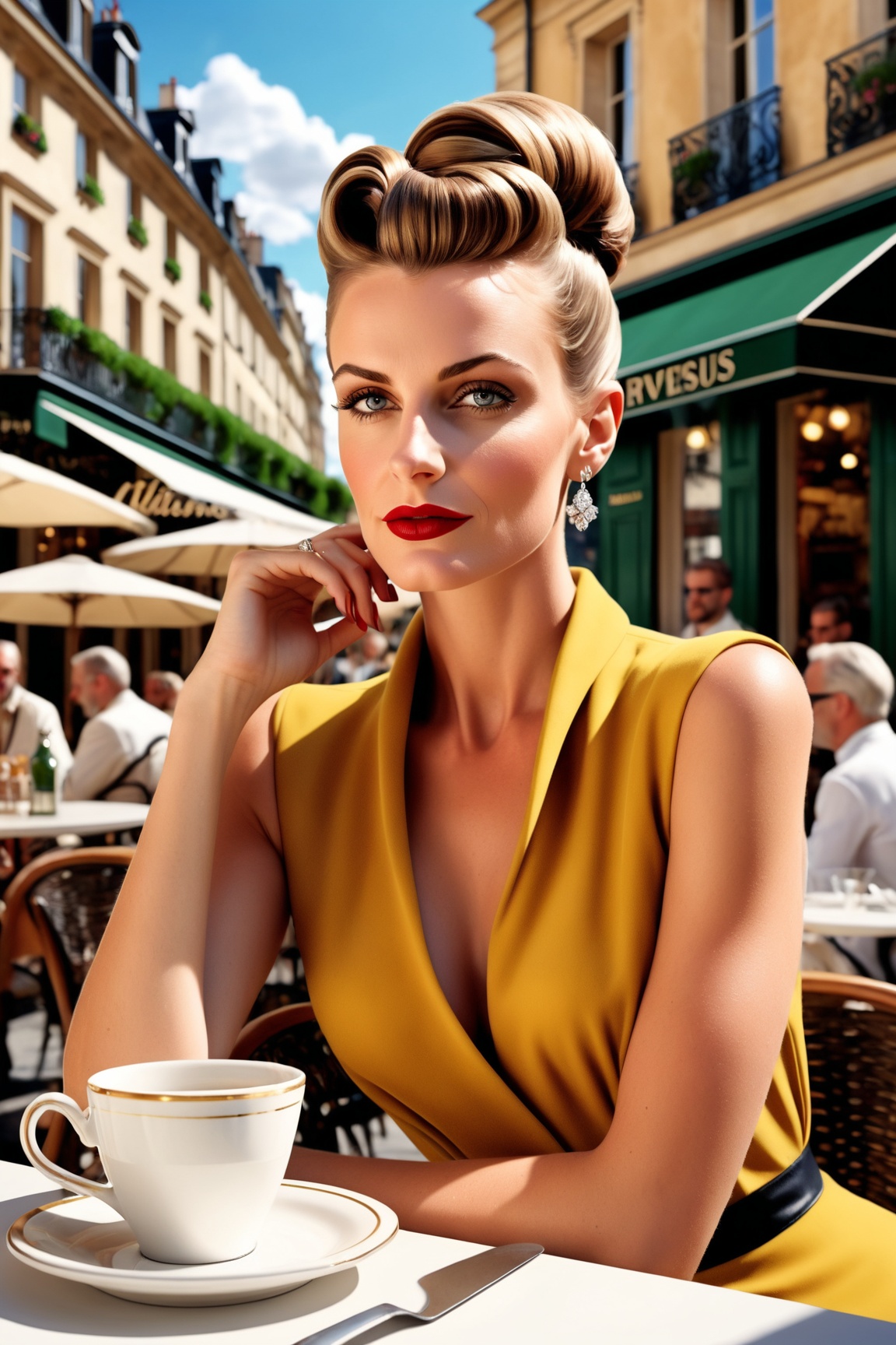 Generate hyper realistic image of a portrayal of a sophisticated and cosmopolitan European woman with a classic updo,  dre...
