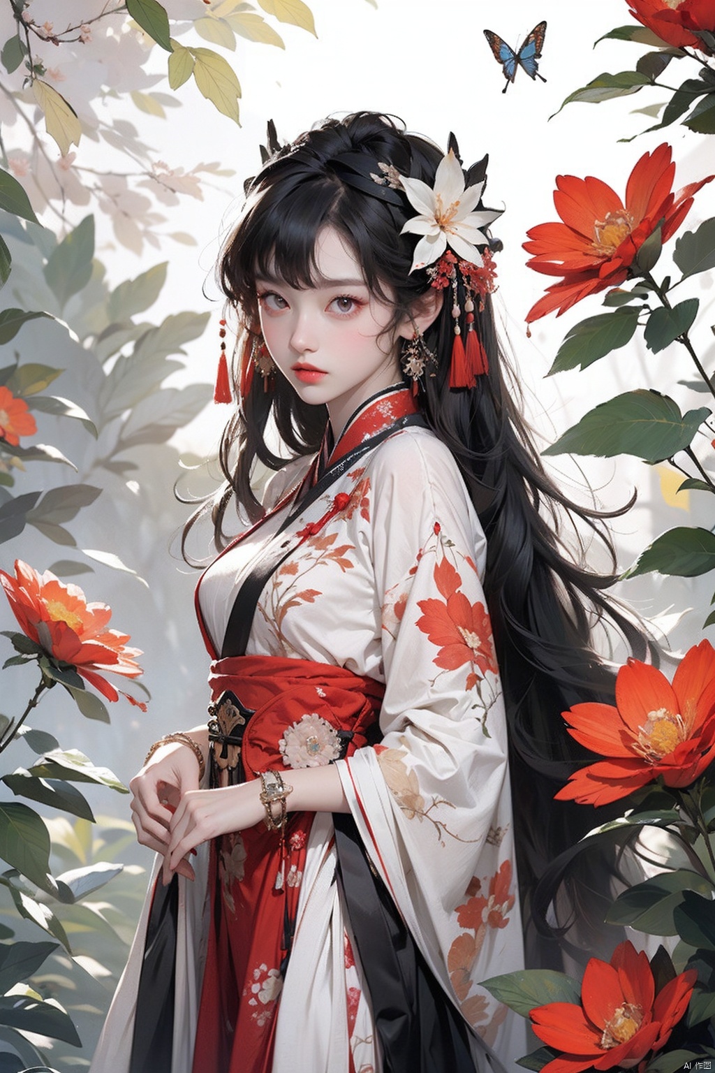 HUBG_Rococo_Style(loanword),

1girl, solo, Chinese clothes, long hair, butterfly, pale skin, bug, black hair, Hanfu, hime cut, bangs, bracelet, blunt bangs, jewelry, red eyes, (flower Theme),cowboy shot, (alive skin)