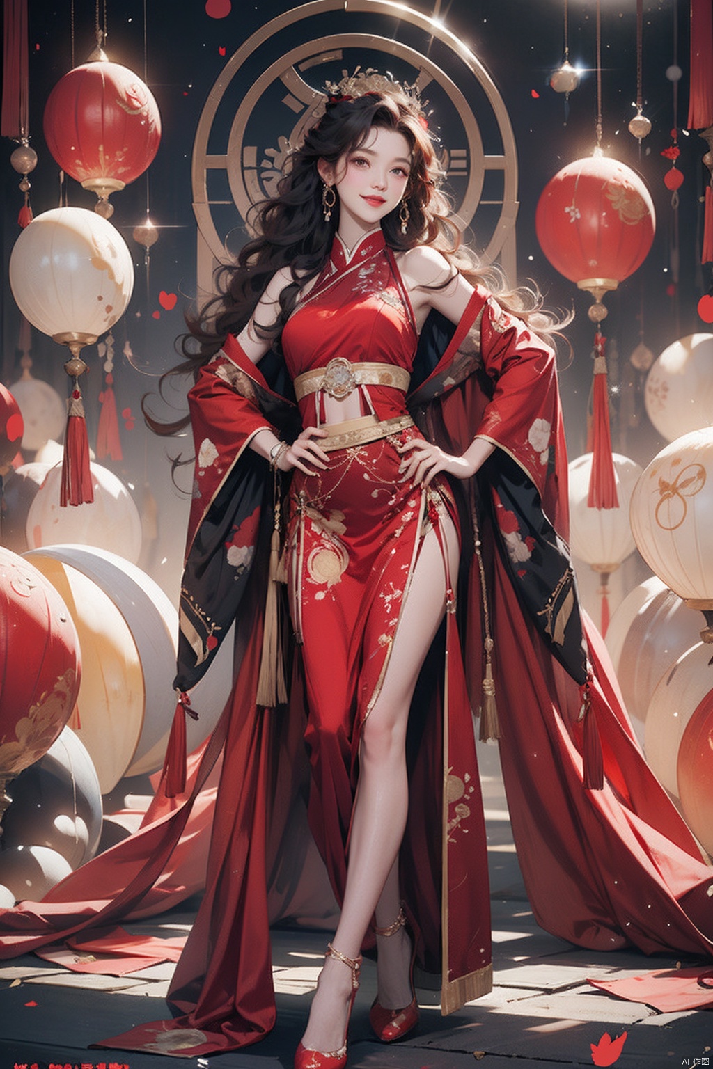HUBG_Rococo_Style(loanword),

official art, hanfu, pelvic curtain, pantyhose, thigh strap, red dress, red hair, light smile, long hair, floating hair, hand on hip,