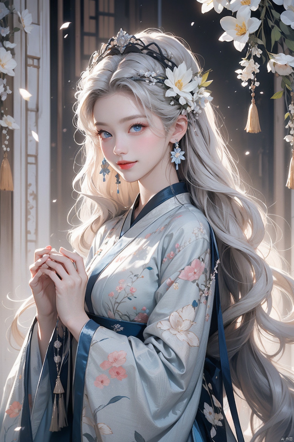 HUBG_Rococo_Style(loanword),

1girl, hanfu, hyper-realistic portrait of a mysterious woman with flowing silver hair, piercing blue eyes, and a delicate floral crown, light smile, own hands together,