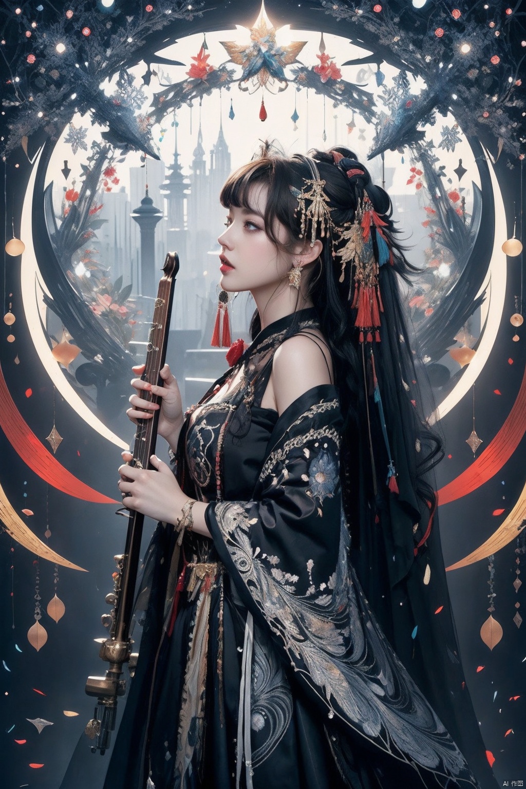 official art, HUBG_Rococo_Style(loanword), hanfu,

unity 8k wallpaper, ultra detailed, beautiful and aesthetic, masterpiece, best quality,

(zentangle, mandala, tangle, entangle), (fractal art:1.3),

1girl, extremely detailed, dynamic angle, cowboy shot, the most beautiful form of chaos, elegant, a brutalist designed, vivid colours, romanticism,

by james jean, roby dwi antono, ross tran, francis bacon, michal mraz, adrian ghenie, petra cortright, gerhard richter, takato yamamoto, ashley wood,

atmospheric, ecstasy of musical notes, streaming musical notes visible,