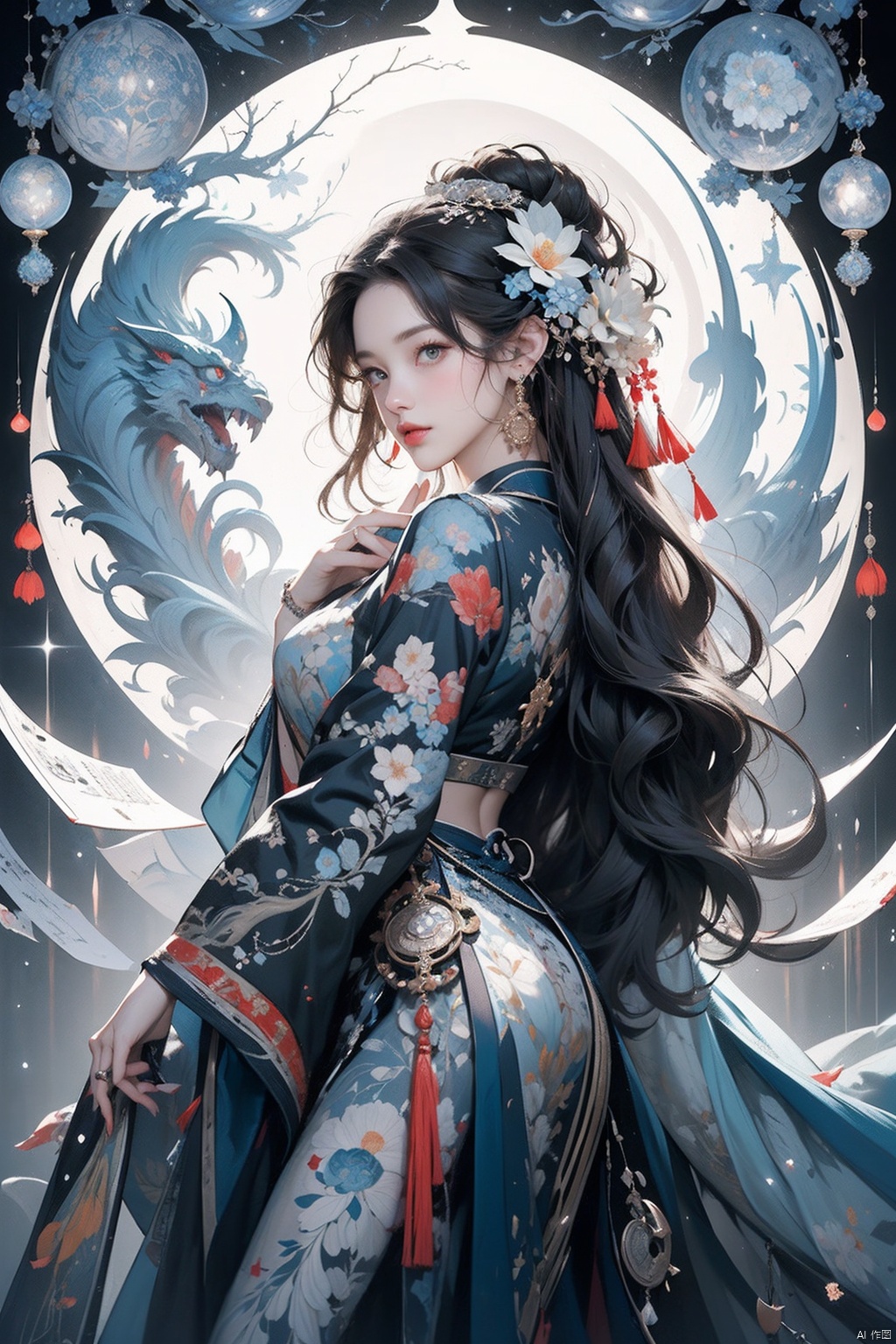 official art, HUBG_Rococo_Style(loanword), hanfu,

unity 8k wallpaper, ultra detailed, beautiful and aesthetic, masterpiece, best quality,

(zentangle, mandala, tangle, entangle), (fractal art:1.3),

1girl, extremely detailed, dynamic angle, cowboy shot, the most beautiful form of chaos, elegant, a brutalist designed, vivid colours, romanticism,

by james jean, roby dwi antono, ross tran, francis bacon, michal mraz, adrian ghenie, petra cortright, gerhard richter, takato yamamoto, ashley wood,

atmospheric, ecstasy of musical notes, streaming musical notes visible,