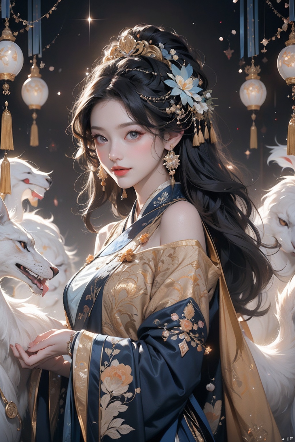 HUBG_Rococo_Style(loanword),

1girl, hanfu,

Portrait of noble and graceful goddess, dressed in blue and gold, elaborate coiffure hairstyle, dark hair, decoration,

16K, UHD, HDR, Brilliant scene with bright lights, mist, numerous decorations, joyful atmosphere, light smile,