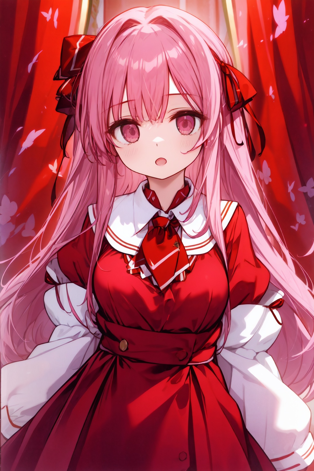 arge_breasts, long_hair, long_sleeves, looking_at_viewer, open_mouth, pink_hair, red_neckwear, red_ribbon