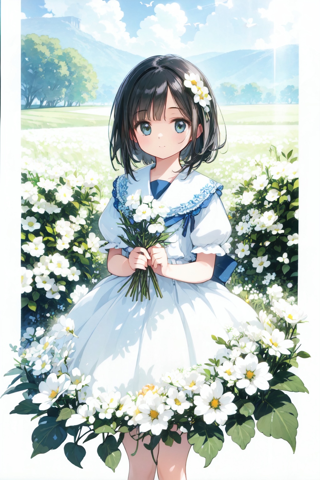 (official art, 8k wallpaper, ultra detailed, High quality, best quality),white flowers,1girl,bird's-eye_view,vintage filter,among flowers,backlight,limited_palette,white,field s of flowers,
