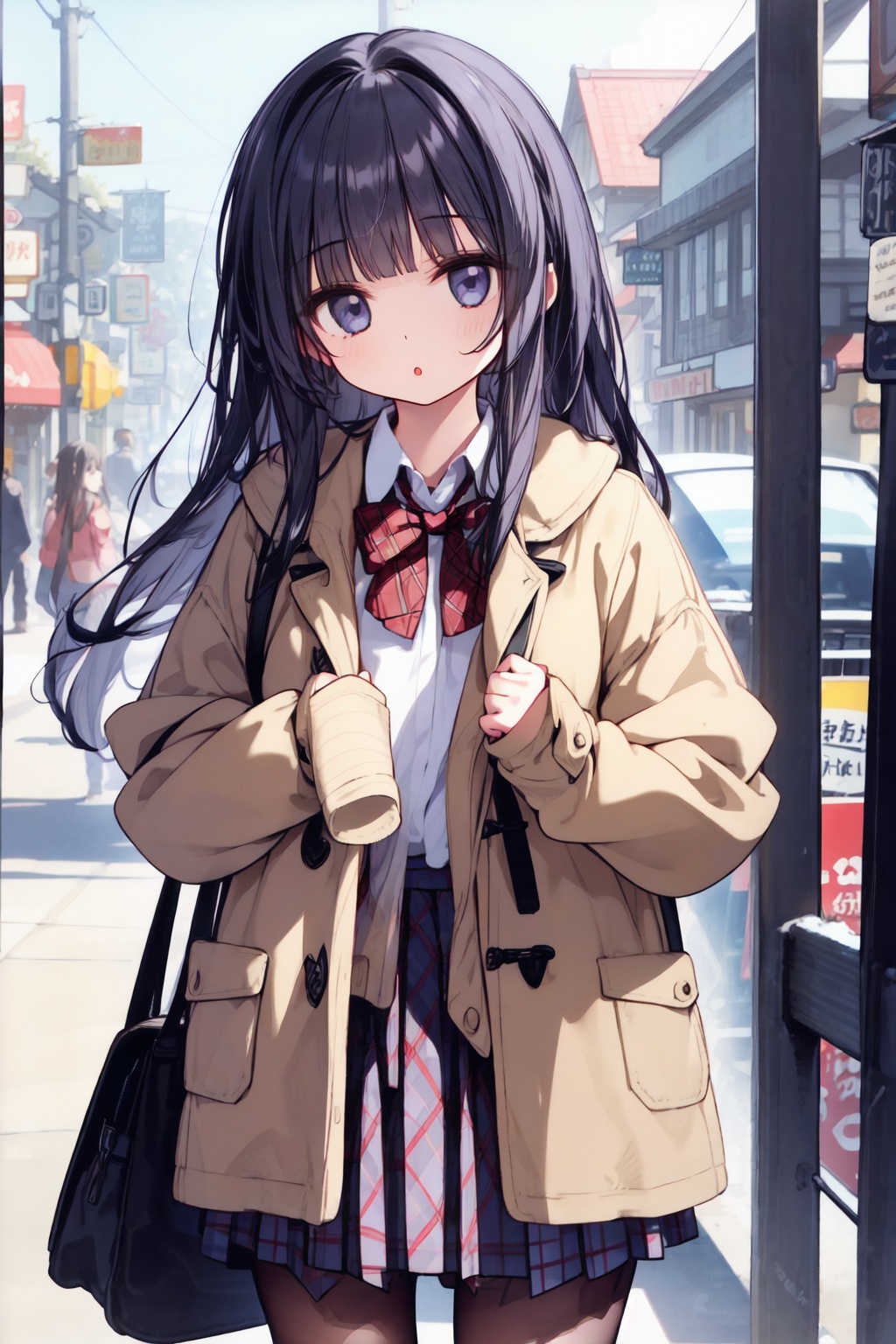 COMIC, 1girl, bag, bangs, fishnet_legwear, fishnets, pantyhose, plaid, plaid_skirt, pleated_skirt, skirt, solo, unmoving_pattern, long_hair, looking_at_viewer, shirt, hair_ornament, long_sleeves, bow, standing, jacket, hair_bow, parted_lips, open_clothes, blunt_bangs, medium_hair, :o, coat, sleeves_past_wrists, border, open_coat