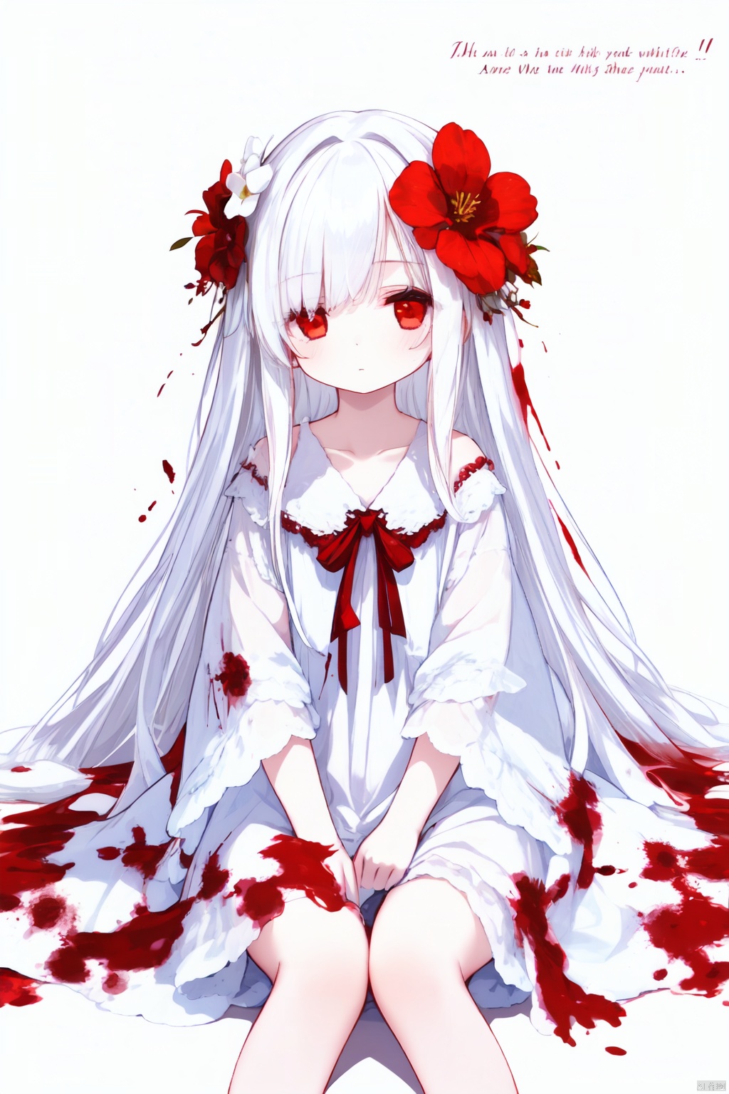  1girl, loli, red eyes, white long translucent night gown, expressionless, (white hair), hair cover one eye, long hair, red hair flower,blood, (white background:1.5), (English text),sit on the ground