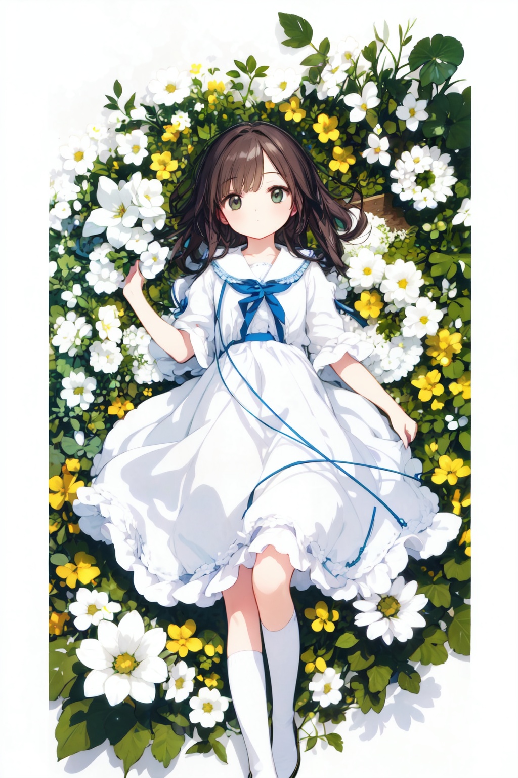 (official art, 8k wallpaper, ultra detailed, High quality, best quality),white flowers,1girl,from above,bird's-eye_view,vintage filter,among flowers,backlight,limited_palette,white,field s of flowers,