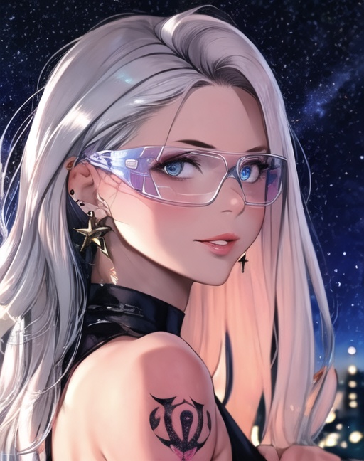 <lora:sbyj_chill-000007:0.9>,sbyj\(style\),1girl,solo,earrings,lips,looking at viewer,portrait,silver hair,starry sky summit,tattoo,upper body,Urban streets,