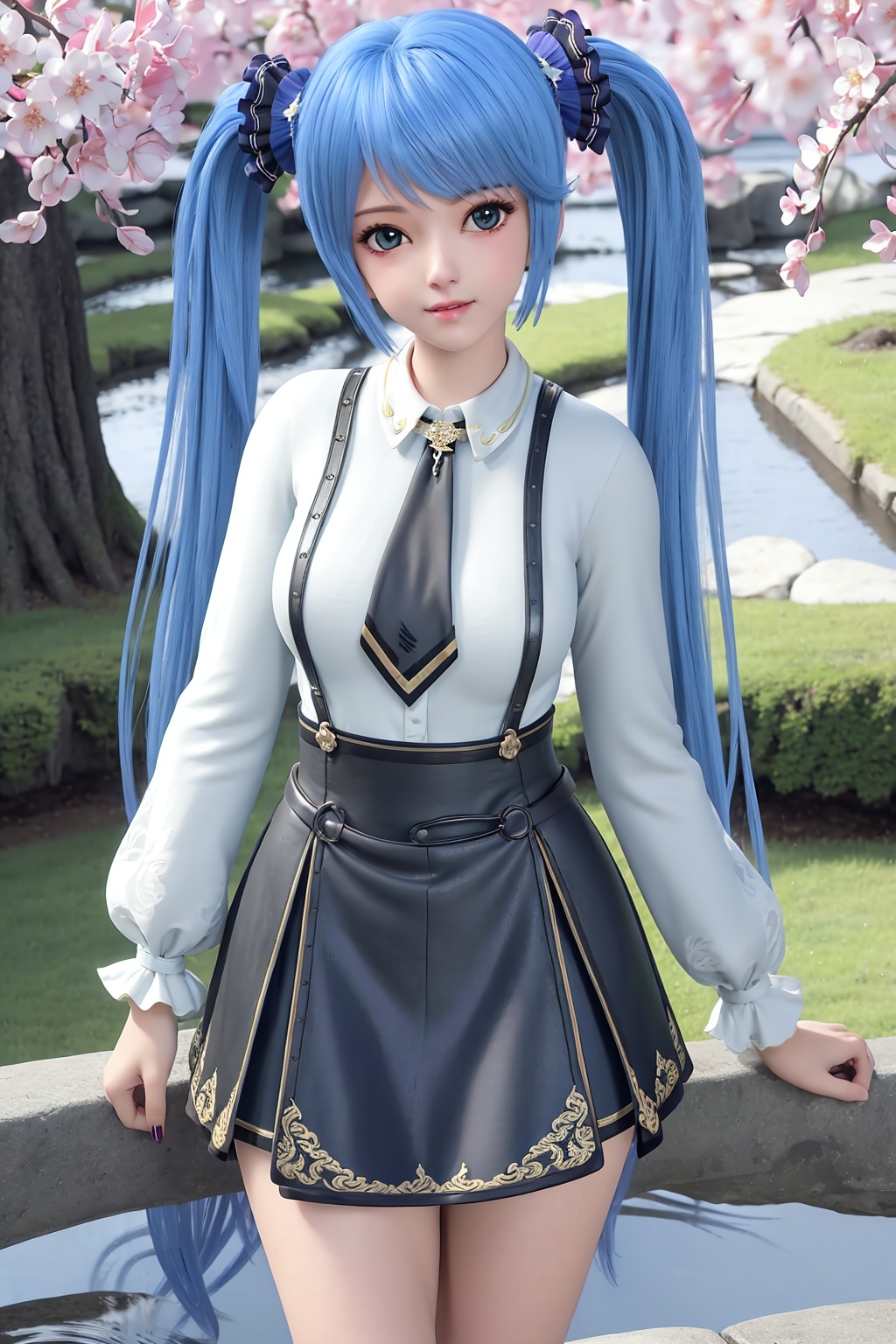 standing, nude, nsfw, looking at viewer, waterfall,(cherry blossoms),(milfeulle sakuraba),sky,cloud,day,blue sky,petals,water,stone,loudy sky,1girl, solo, hatsune miku, twintails, blue hair,  long hair,  shirt, necktie, suspenders, white shirt,  bangs, collared shirt, (see-through:1.7), nipple, *****,white legwear,nail polish,photo_\(medium\),(breasts, medium_breasts, cleavage),makeup,(8k, RAW photo, best quality, masterpiece:1.2),(realistic, photorealistic:1.3),ultra-detailed,extremely detailed cg 8k wallpaper,(crystalstexture skin:1.2),extremely delicate and beautiful,