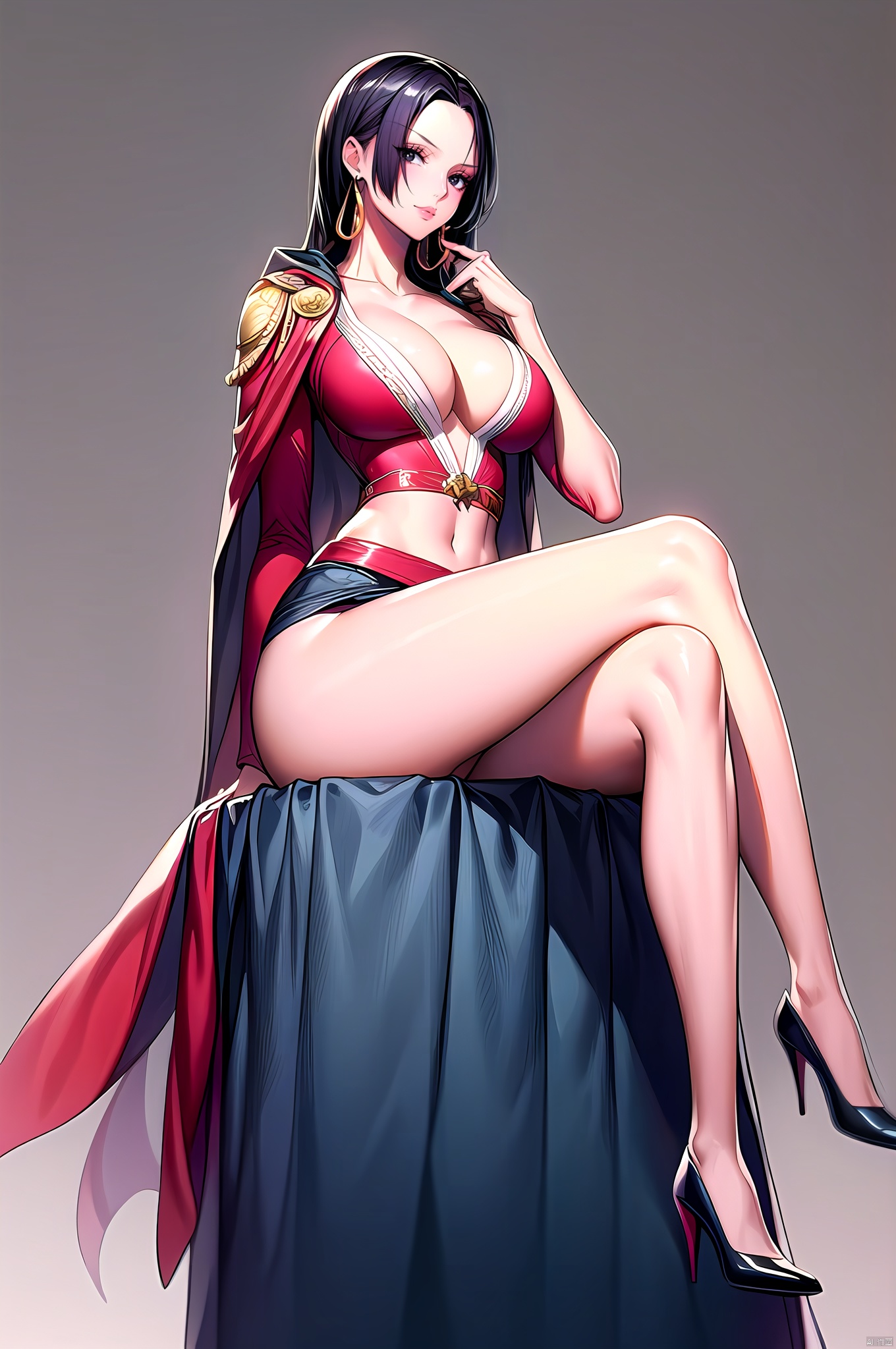 Hancock, 1girl, boa hancock, long hair, solo, breasts, black hair, cleavage, large breasts, midriff, earrings, jewelry, cape, high heels, legs, navel, shoes, simple background, side slit, long legs, white background, long skirt, black eyes,(cowboy_shot:1.5), ,nice hands, dark studio, Hancock,(sitting,crossed_legs:1.5)