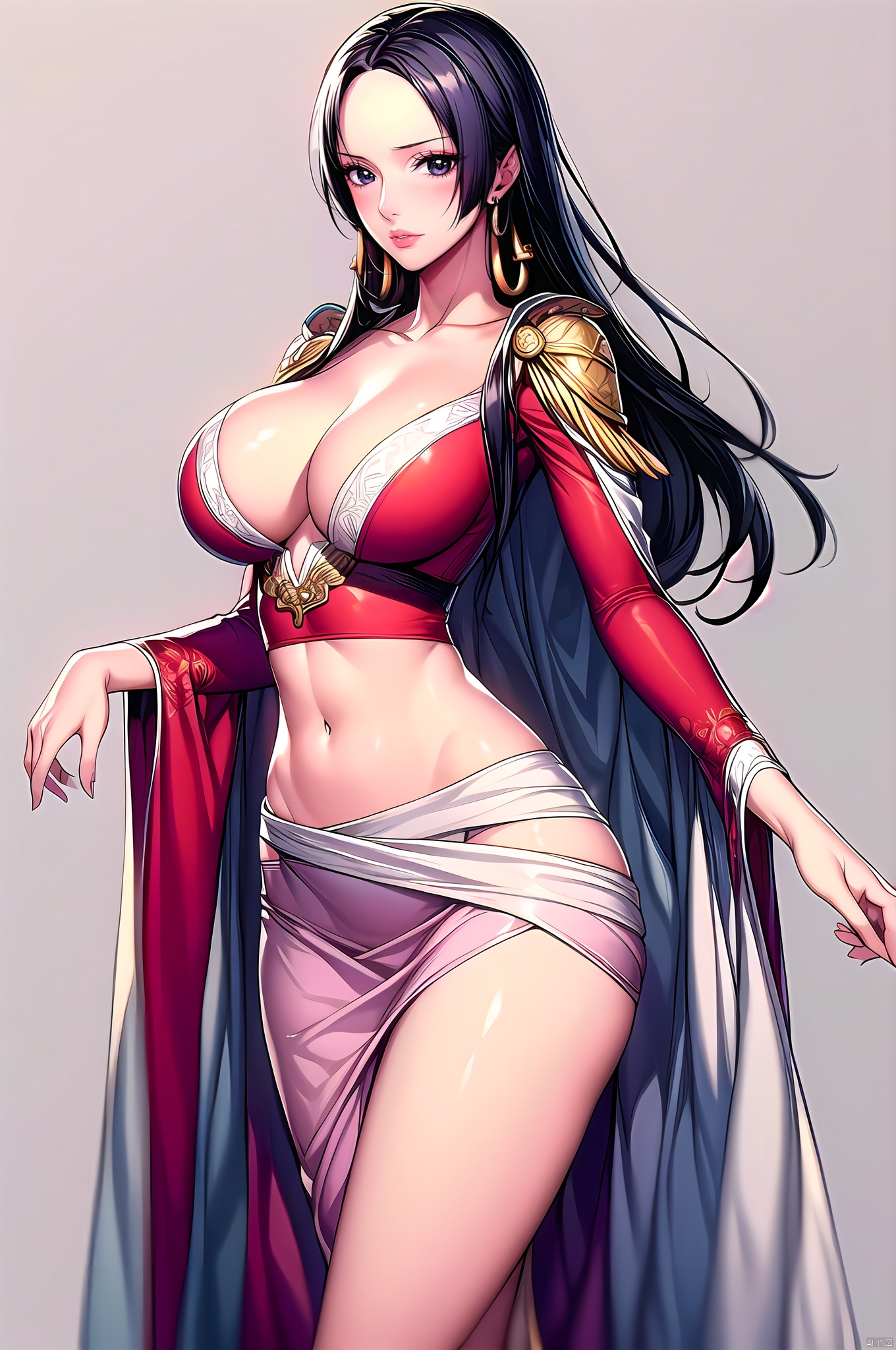 Hancock, 1girl, boa hancock, long hair, solo, breasts, black hair, cleavage, large breasts, midriff, earrings, jewelry, cape, high heels, legs, navel, shoes, simple background, side slit, long legs, white background, long skirt, black eyes,(cowboy_shot:1.5),   ,nice hands,